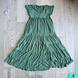 Exotica Slinky to Touch Baby Doll Tiered V-Neck Maxi Dress in Dark Green